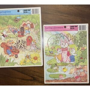 1987 VINTAGE Golden Frame-Tray 12 Piece Puzzles - Lot Of 2 - Spring Bunnies Cute